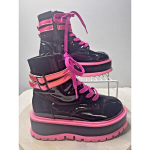 DEMONIA Slajer 52 Women's Black Patent Ankle Festival Boots Size 8.5